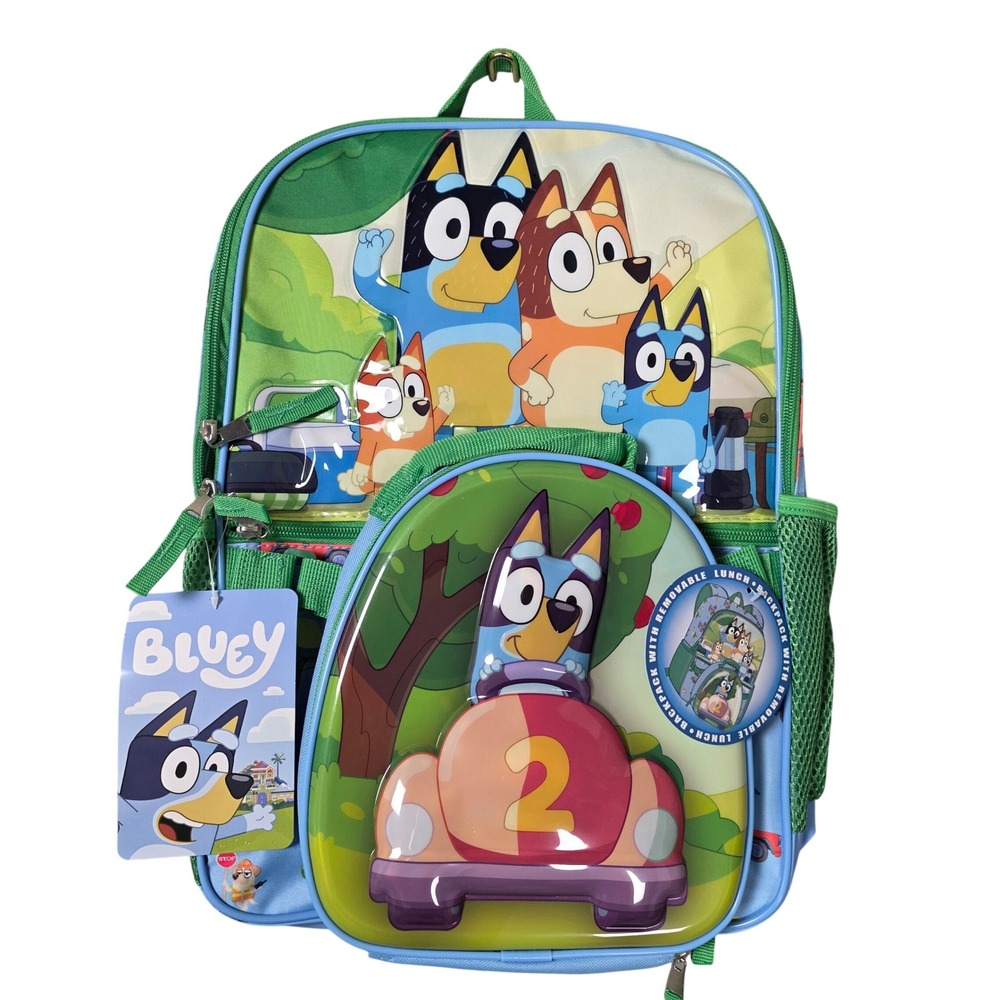 Bluey Backpack with Removable Lunch Bag Camping Theme Kids Blue Green NEW 3D‎